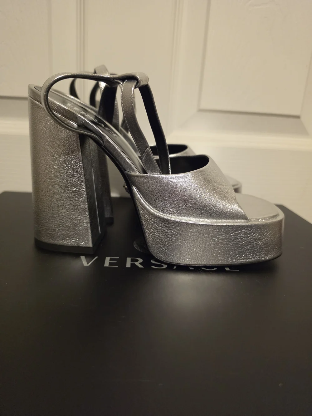 Versace Metallic Silver Platform Block-Heel Sandals 37